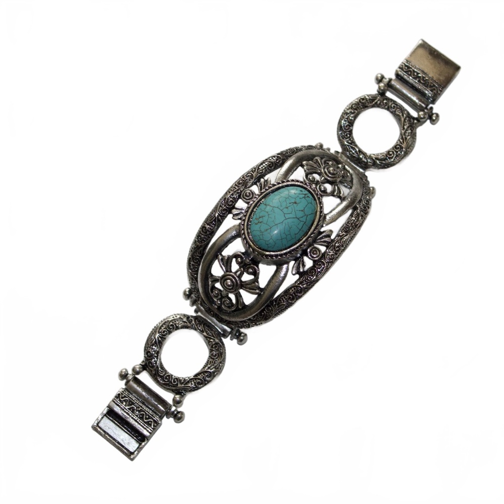 Bracelet, Southwest Style, Silvertone Simulated Turquoise - Picture 7 of 7